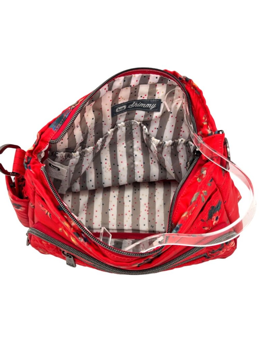 Lug Shimmy Crossbody Bag Adjustable Strap Red Floral Quilted Polyester Key Strap - Picture 7 of 16